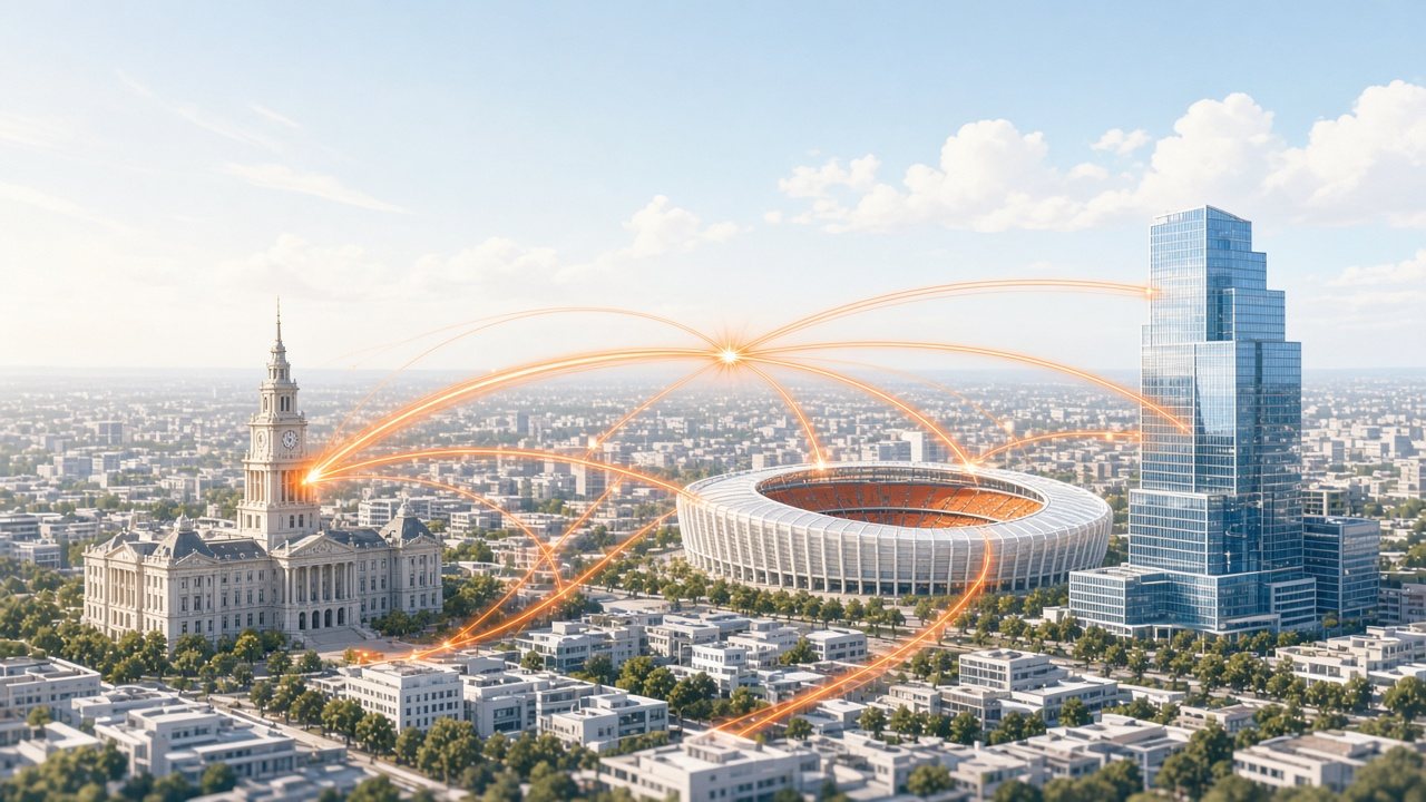 A city panorama with a city hall, a stadium and a glass office tower joined by glowing orange lines