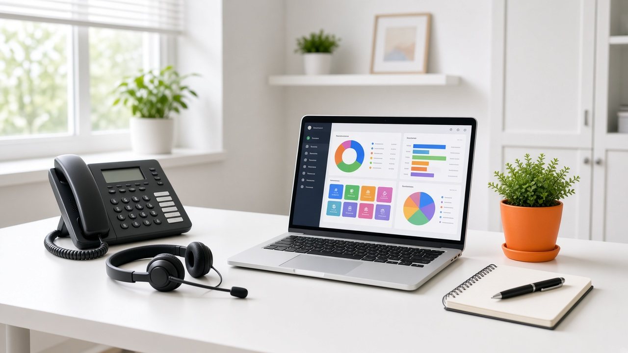 A tidy desk with a black desk phone, a headset and a laptop showing a channel dashboard