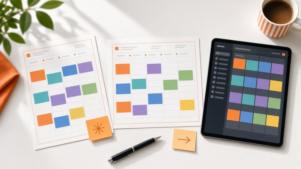 Printed weekly schedule grids, sticky notes and a tablet showing a channel grid on a white table
