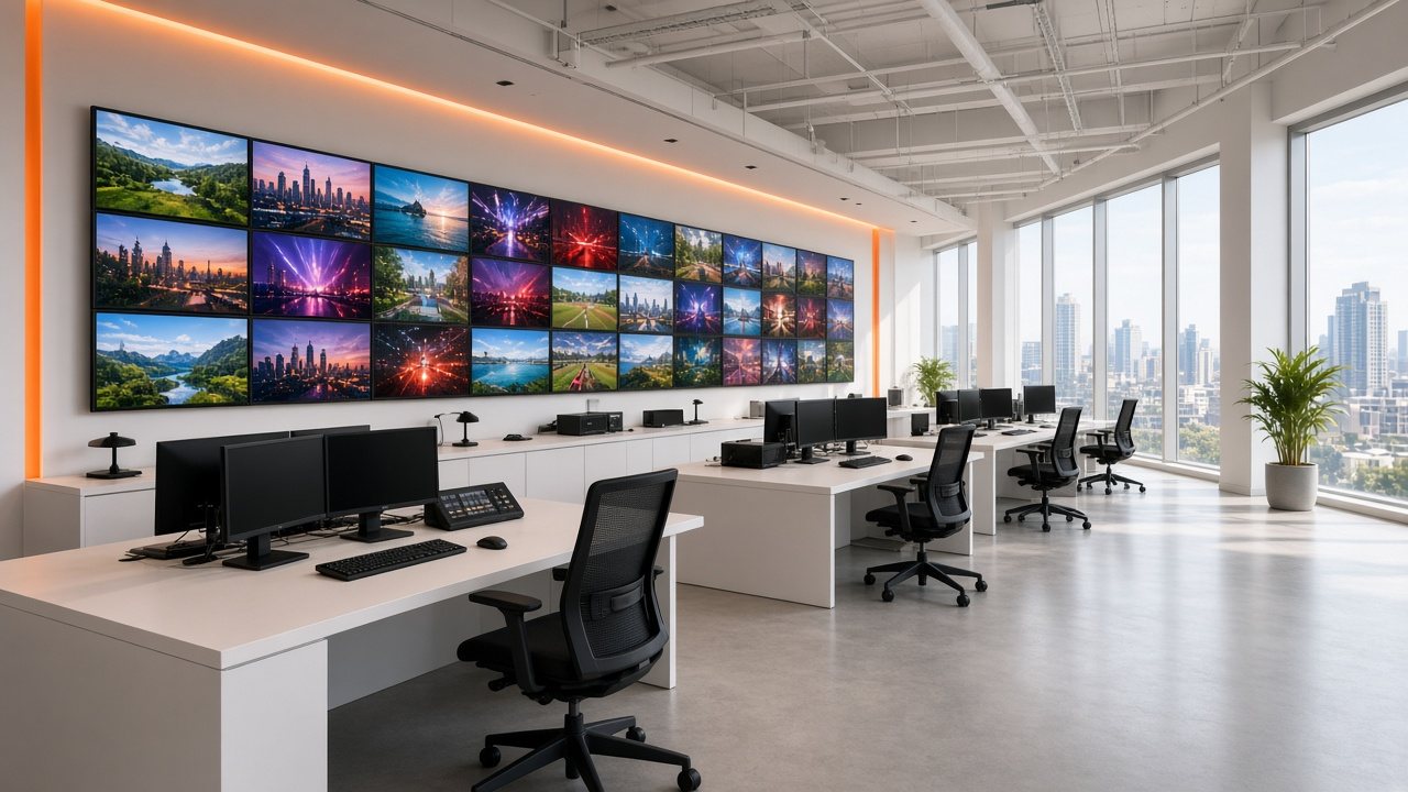 A bright broadcast operations loft with a long wall of screens showing channel thumbnails and orange accent lighting