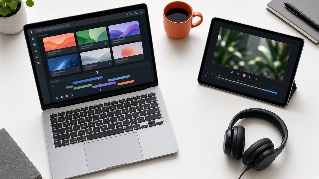 Top-down view of a laptop showing a channel dashboard and a tablet with a live preview