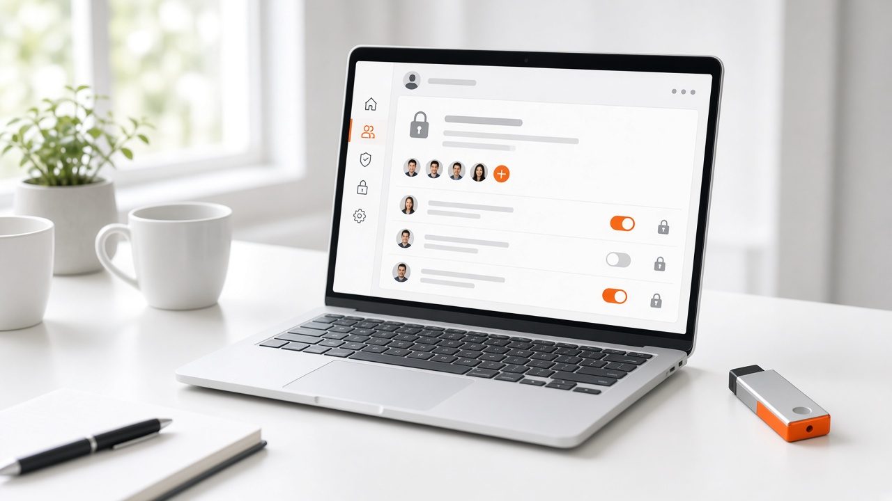 Laptop showing team permission toggles and a padlock icon next to a security key