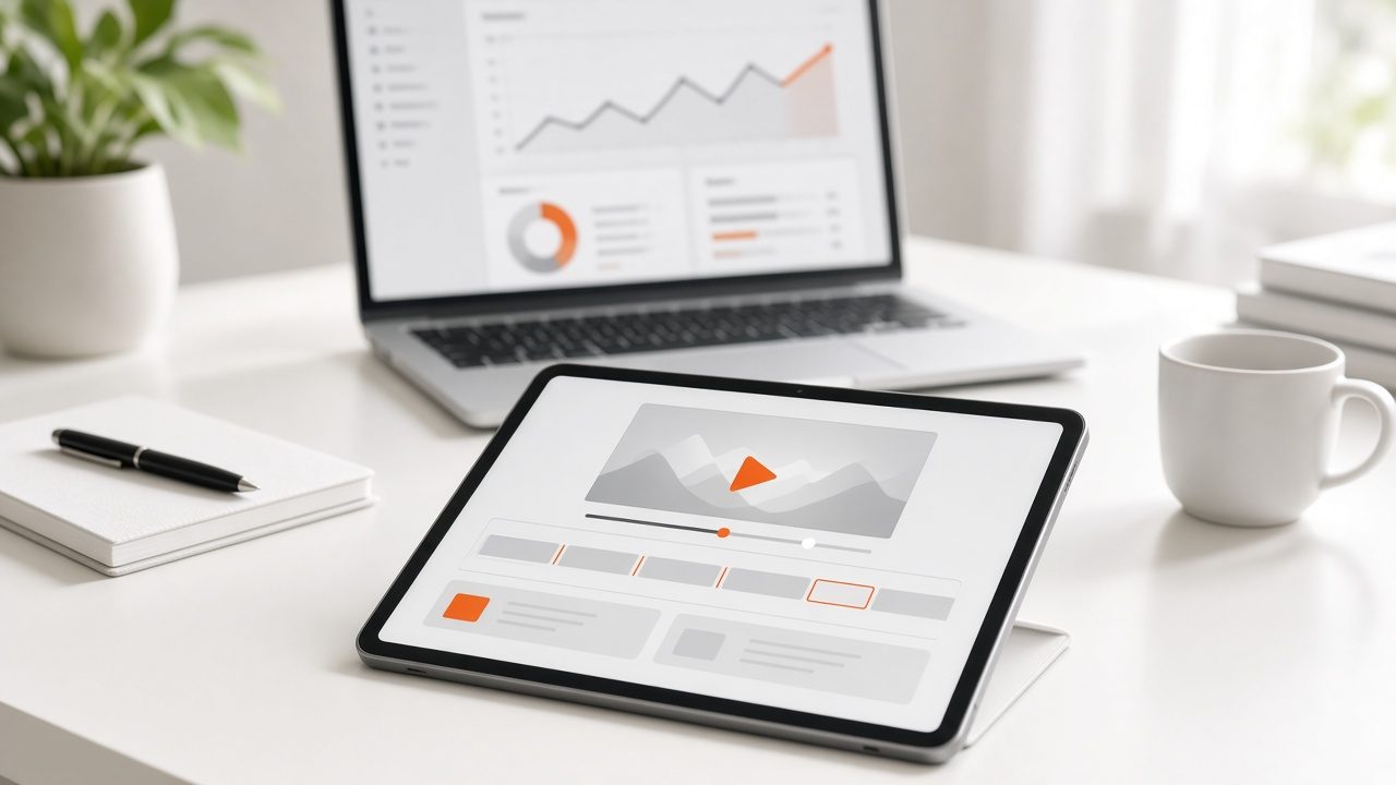 Tablet with a video player and ad break timeline beside a laptop campaign dashboard