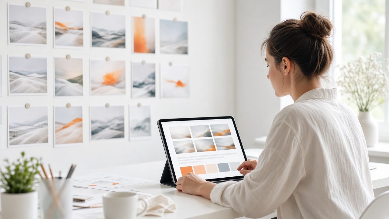 Designer reviewing generated image panels and brand colors on a tablet beside a storyboard wall