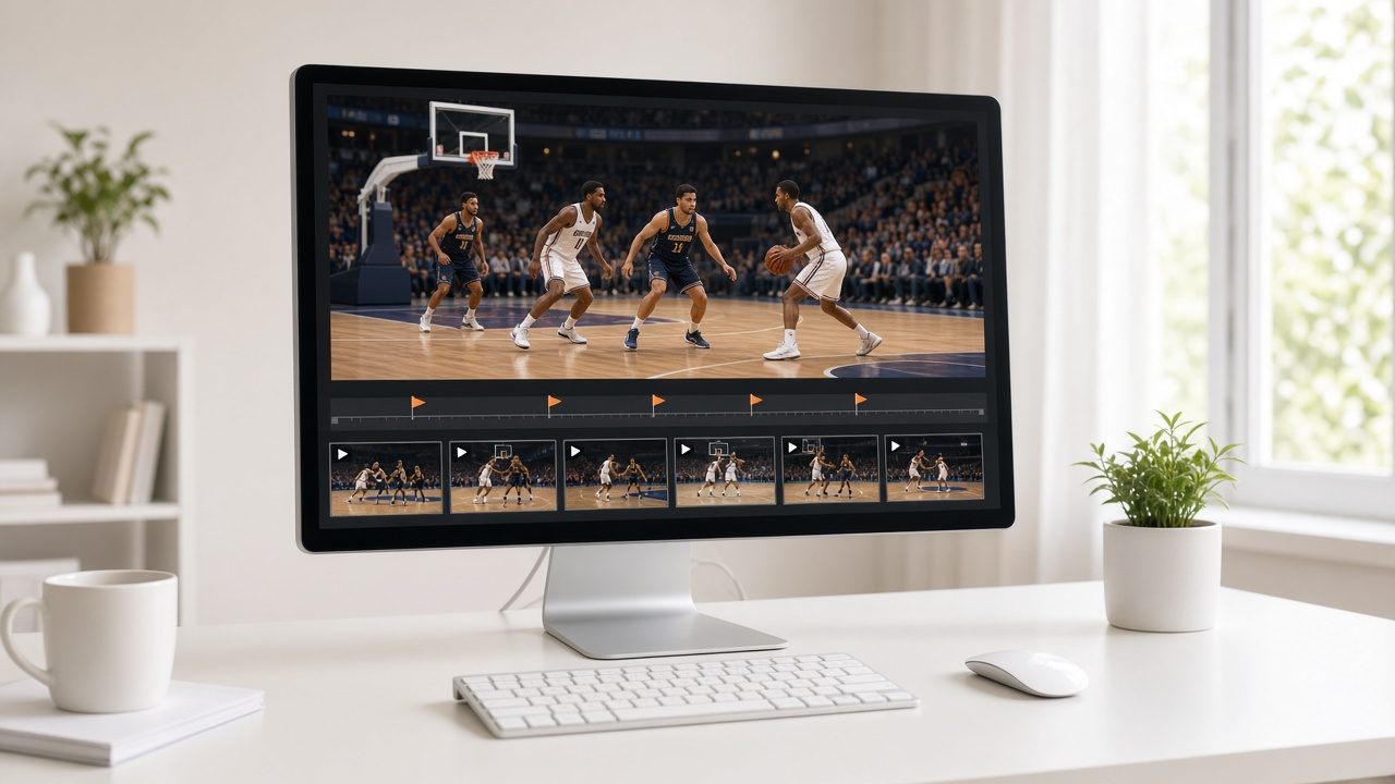 Monitor showing a basketball game with highlight flags on its timeline