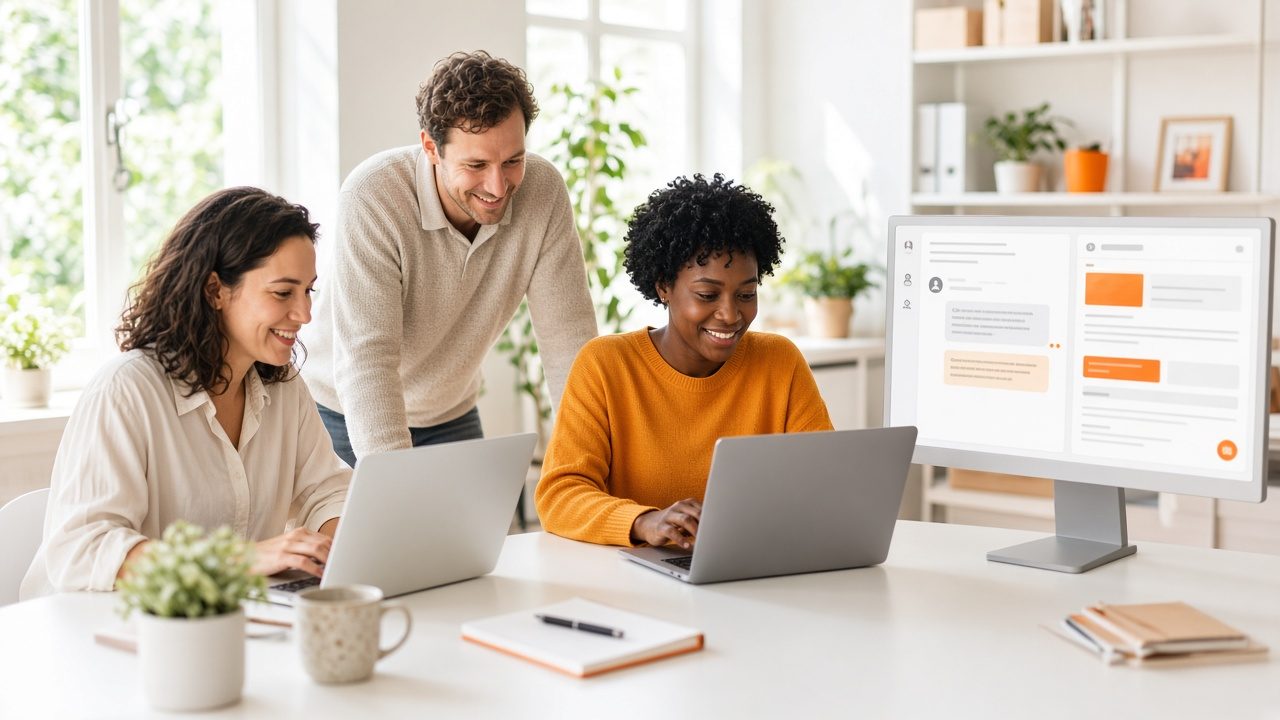Small team at laptops with a member help chat and newsletter draft on a monitor