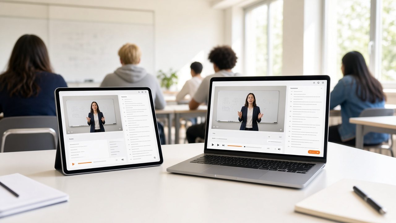 Tablet and laptop showing a searchable lecture video in a classroom