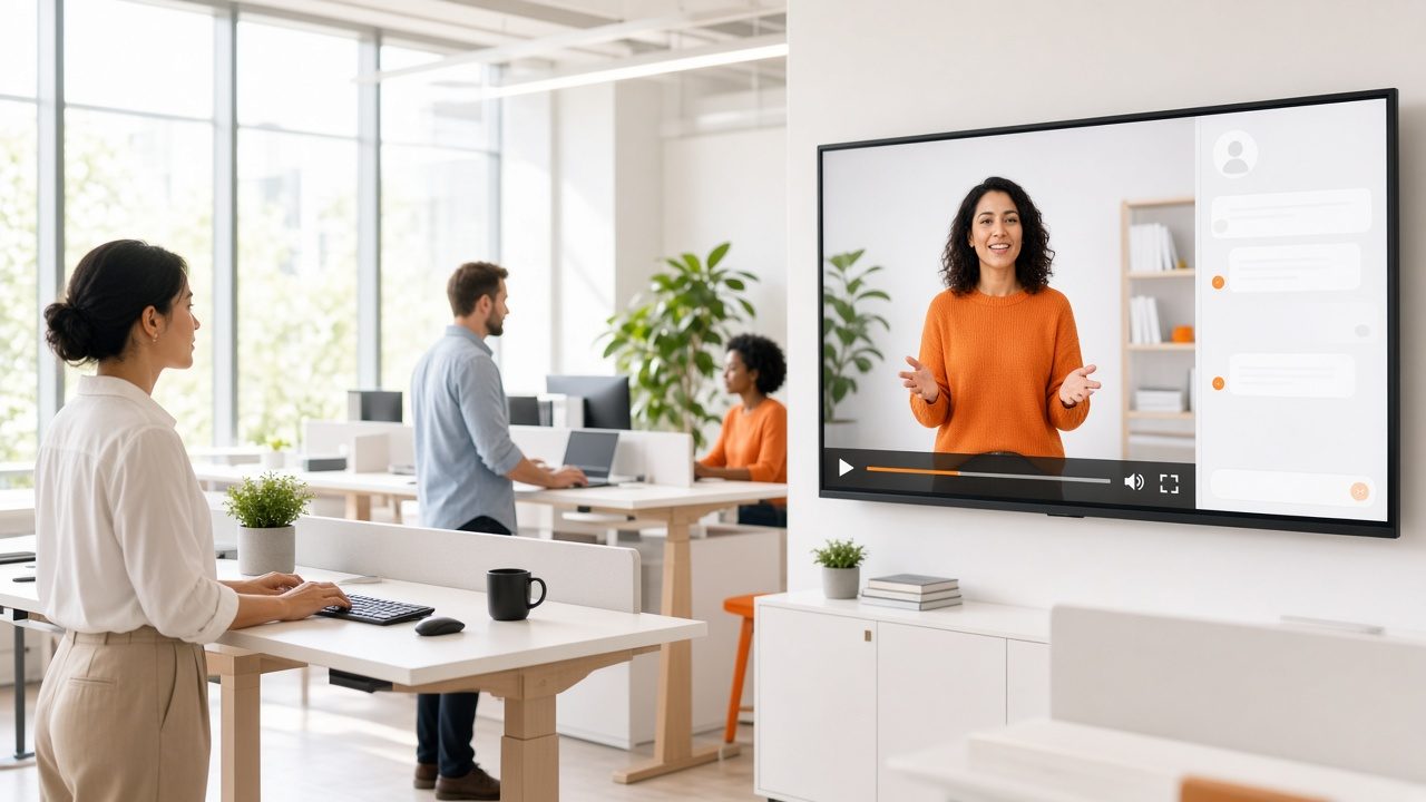 Open-plan office with a training video and chat assistant on a wall display