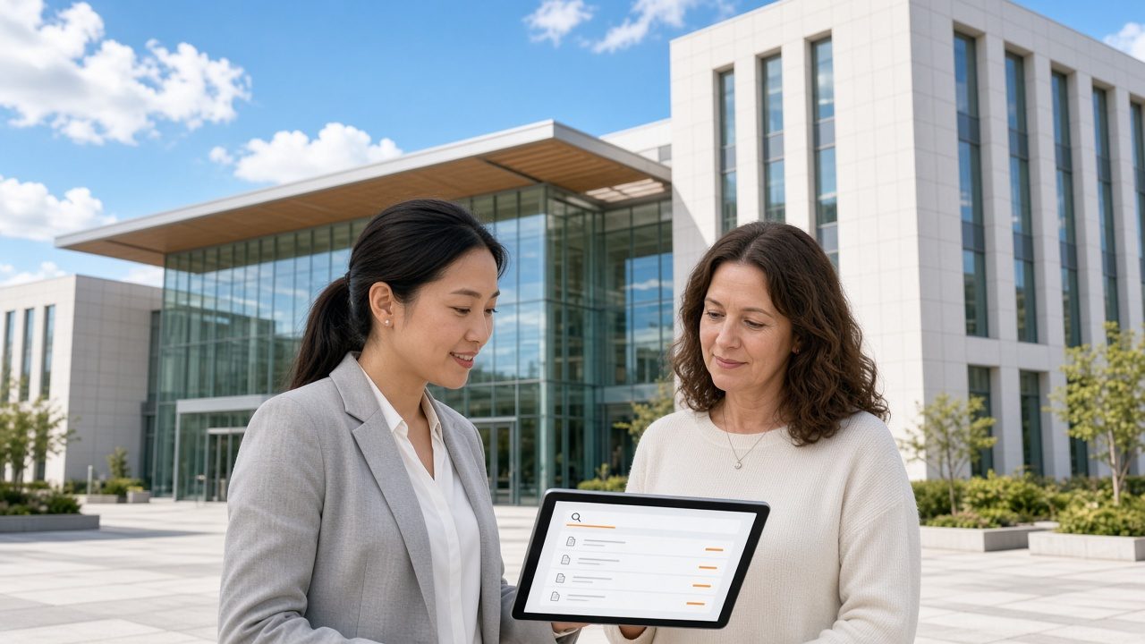 Two people looking at a records search on a tablet outside a modern civic building