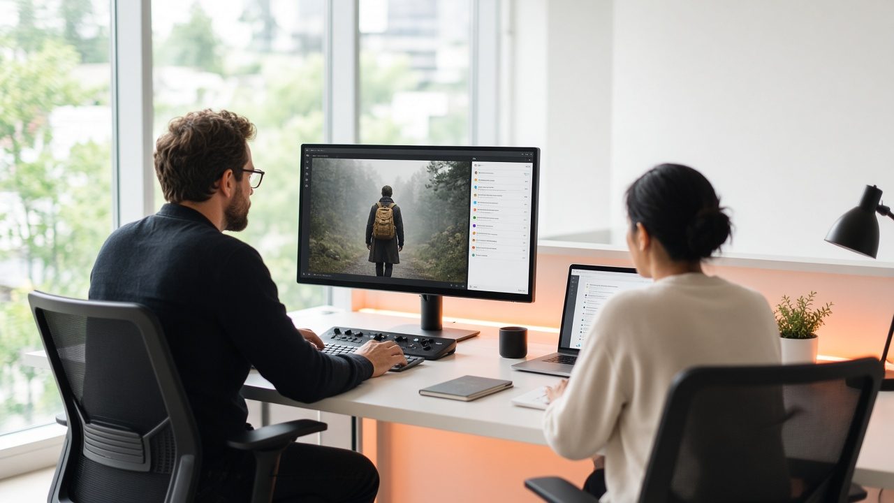 Editors in a post-production suite with a localization panel on screen