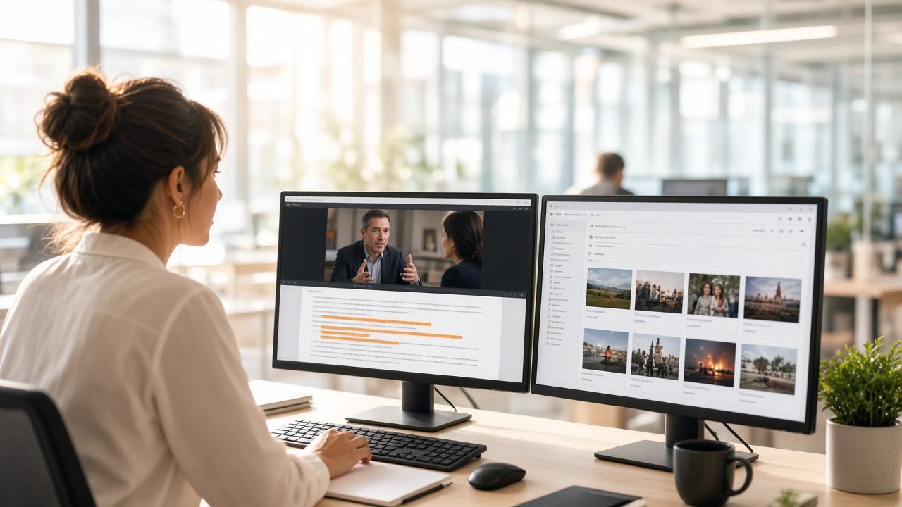 Journalist with an interview transcript and an archive search on two monitors