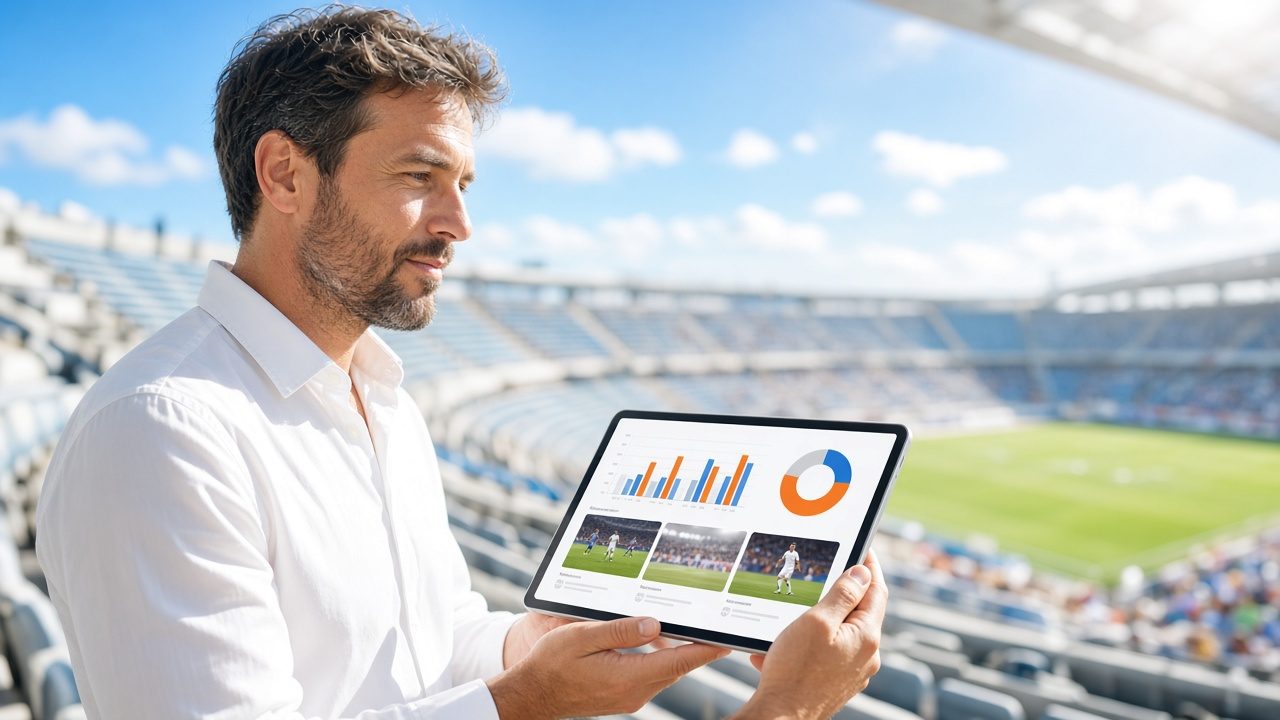 Analyst with a tablet of forecast charts and highlight clips in a stadium