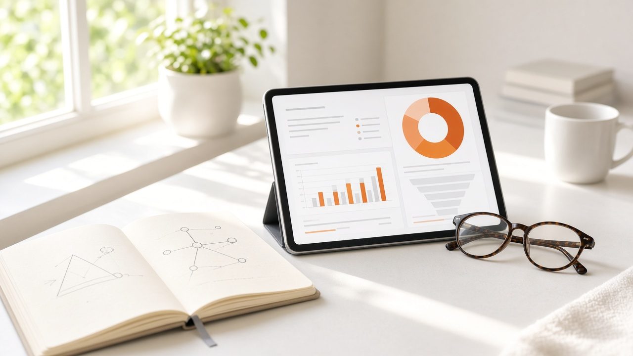Open notebook, tablet with charts and reading glasses on a sunny desk