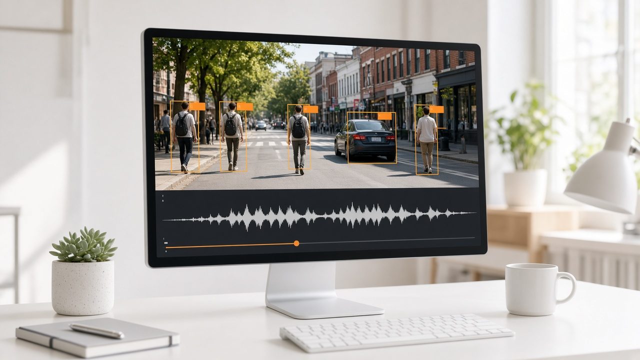 Monitor showing a street video with orange labeled boxes and an audio waveform