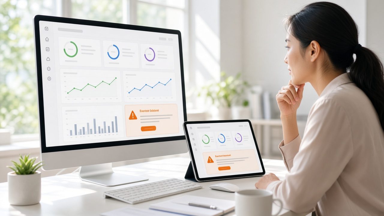 Analyst viewing a monitoring dashboard with gauges and a drift alert