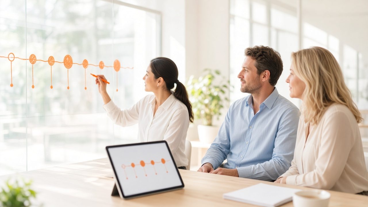 Consultant drawing a milestone roadmap on glass while two clients watch