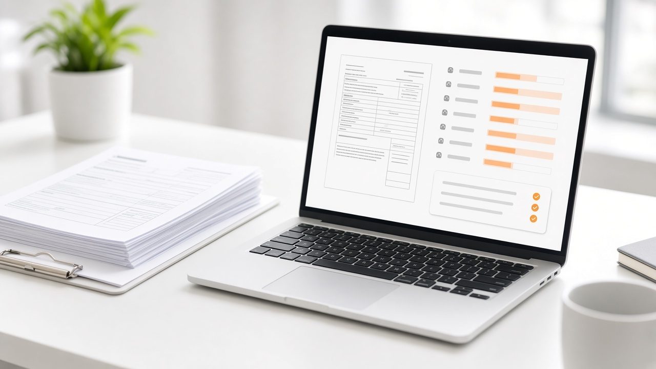 Stack of forms beside a laptop showing extracted fields and a summary card