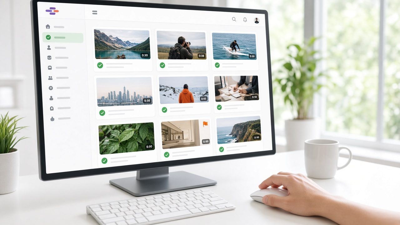 Content review queue with check marks and a few flagged items