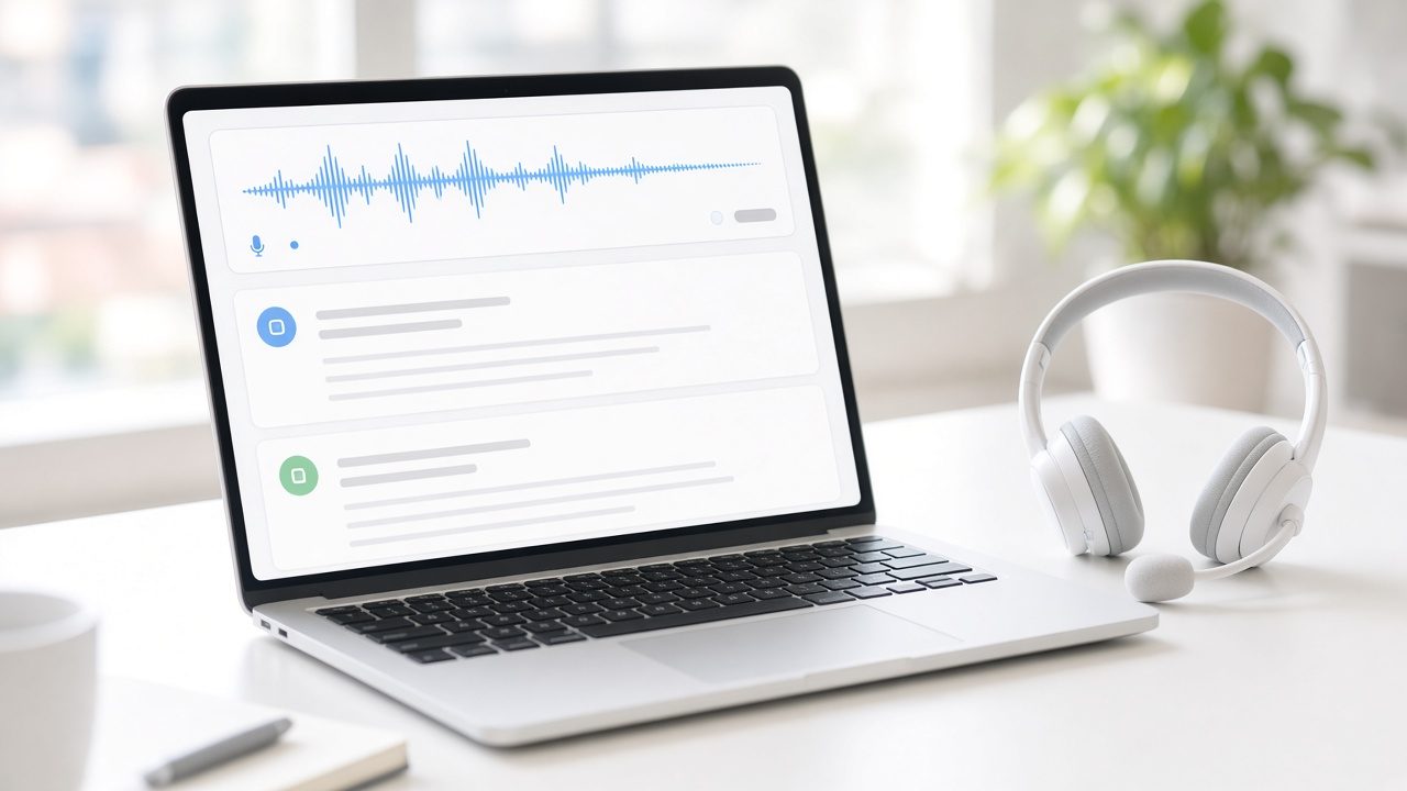 Laptop with a speech waveform and two text panes beside a headset