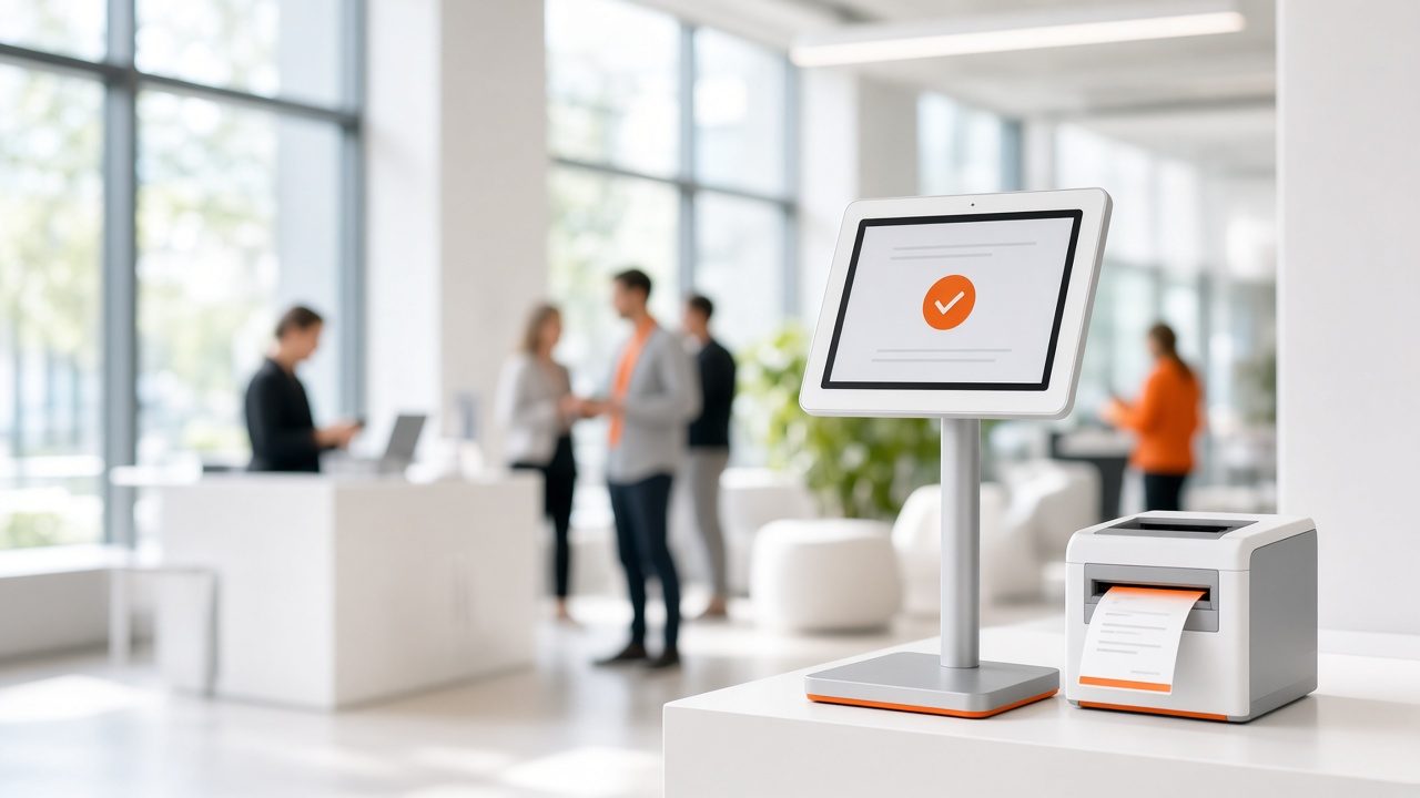 Tablet check-in kiosk and badge printer in a bright event lobby