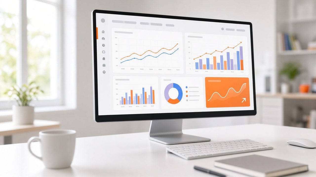 Large monitor with line, bar and donut charts on an analytics dashboard