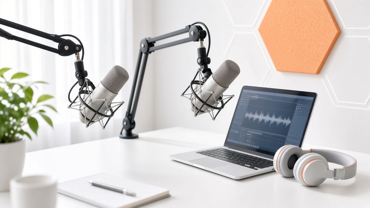 Two podcast microphones, headphones and a laptop showing an audio waveform