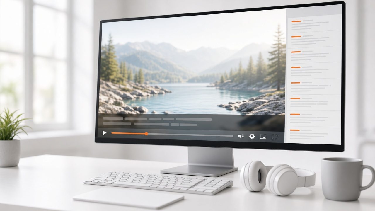 Monitor playing a video with a caption bar and a timed transcript panel