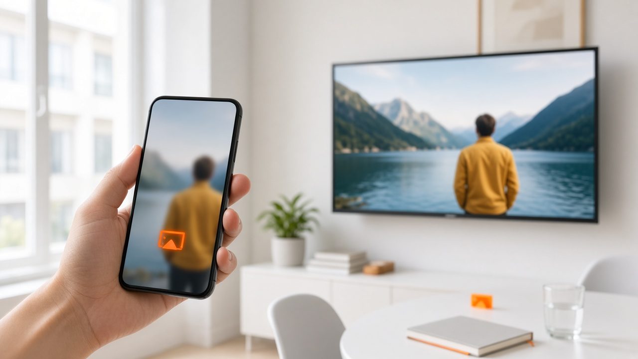 Hand holding a phone casting a video to a large wall-mounted screen