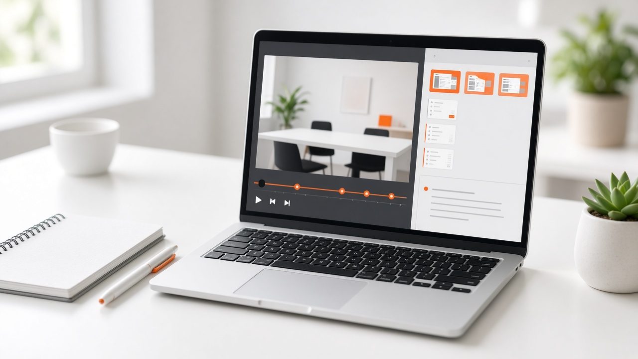 Laptop with a video player showing chapter markers and a side panel of slides and notes