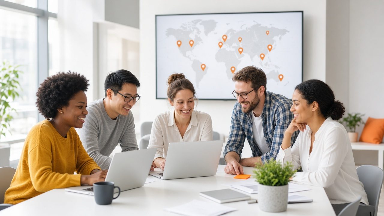 Group of smiling members around a table with laptops and a wall map of chapters