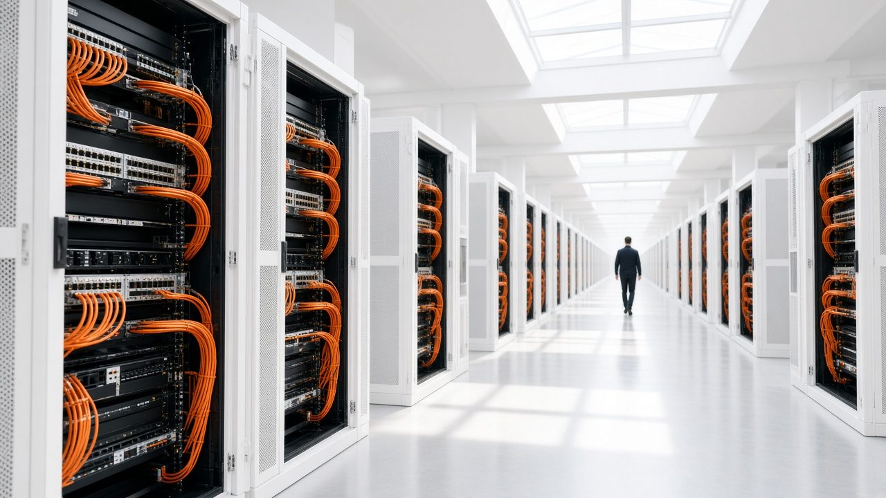 Bright server aisle with racks and orange network cables