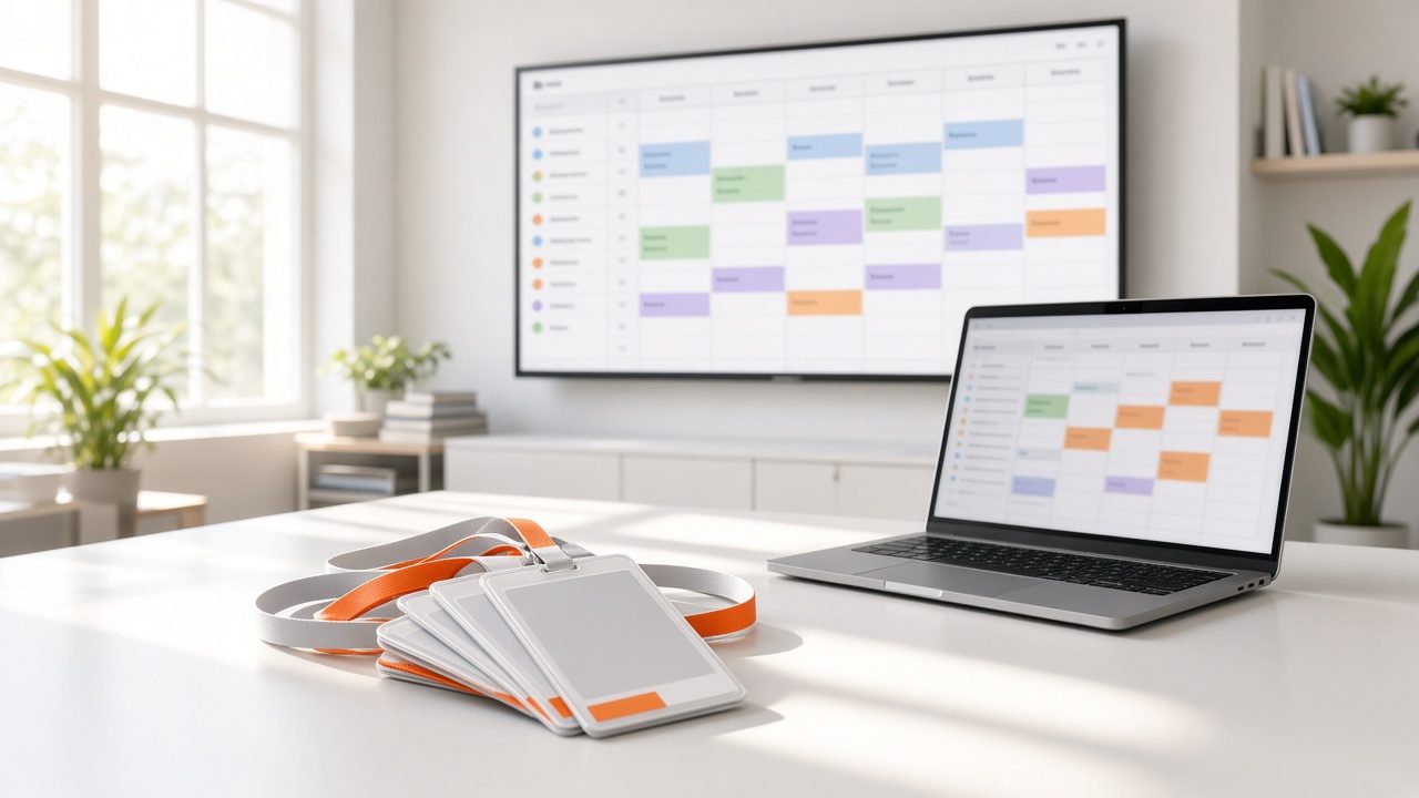 Wall screen and laptop showing a color-coded crew schedule beside event lanyards
