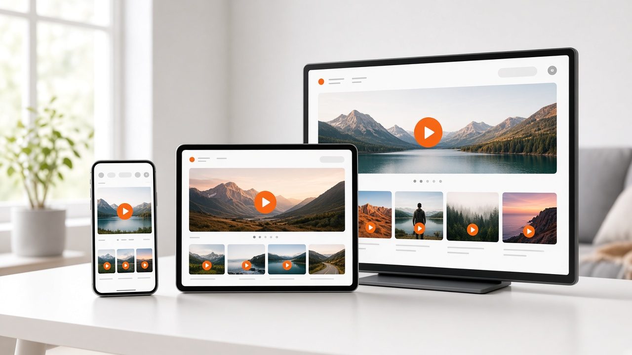 Phone, tablet and TV showing the same branded video app