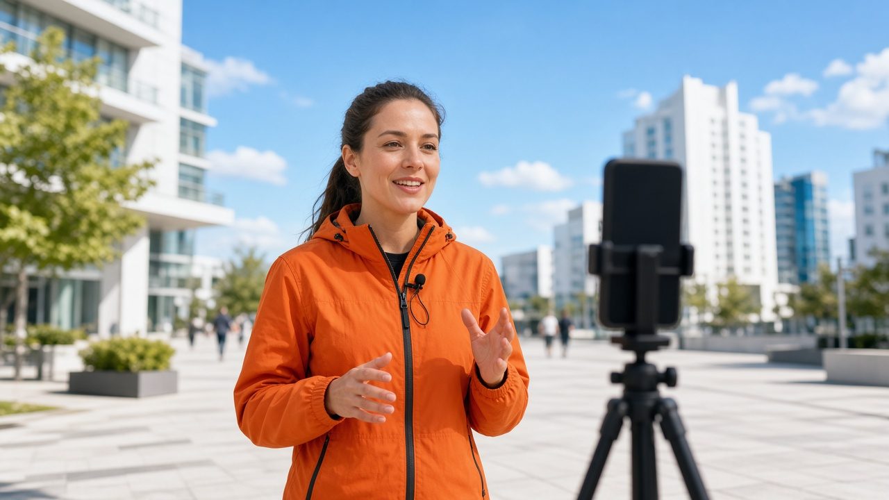Reporter in an orange jacket speaking to a phone on a tripod in a sunny city plaza