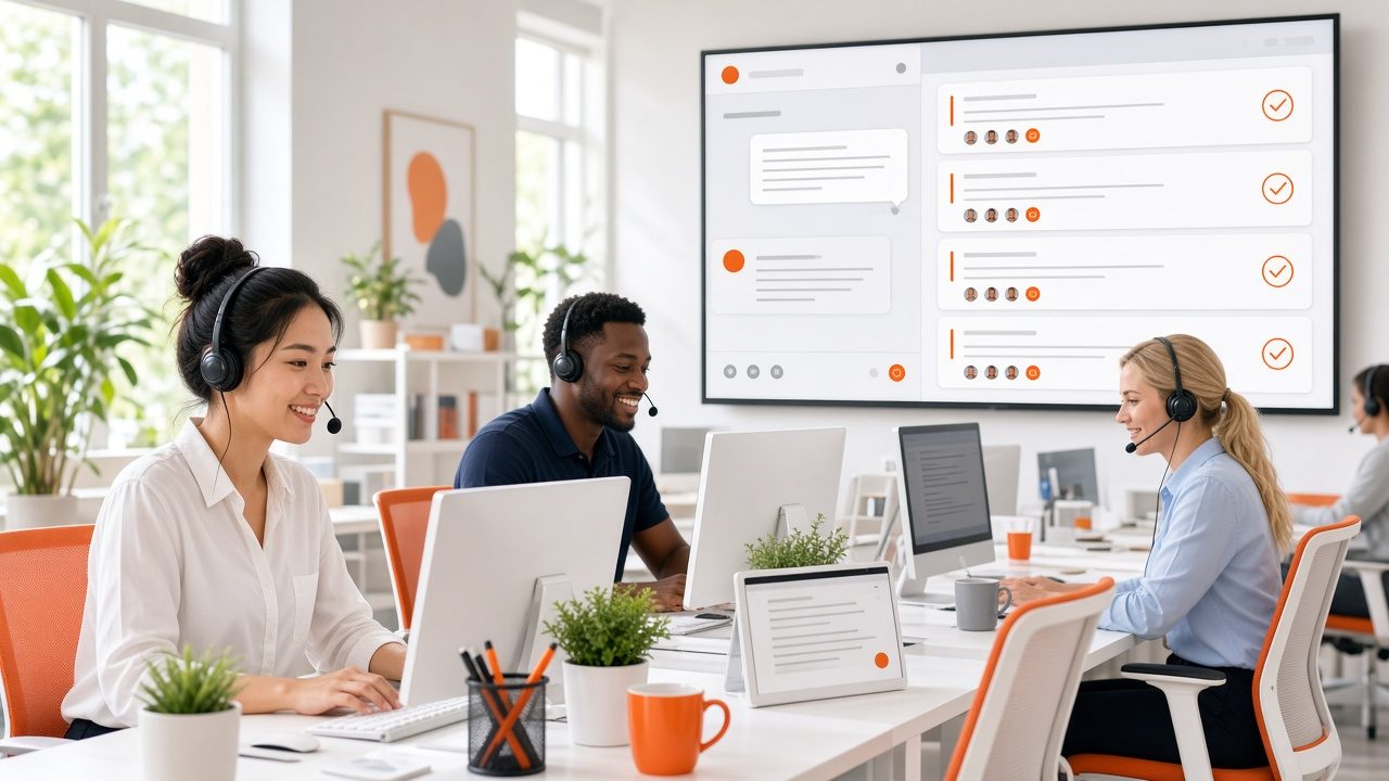 Support team wearing headsets in front of a wall screen with a chat window and task checklist