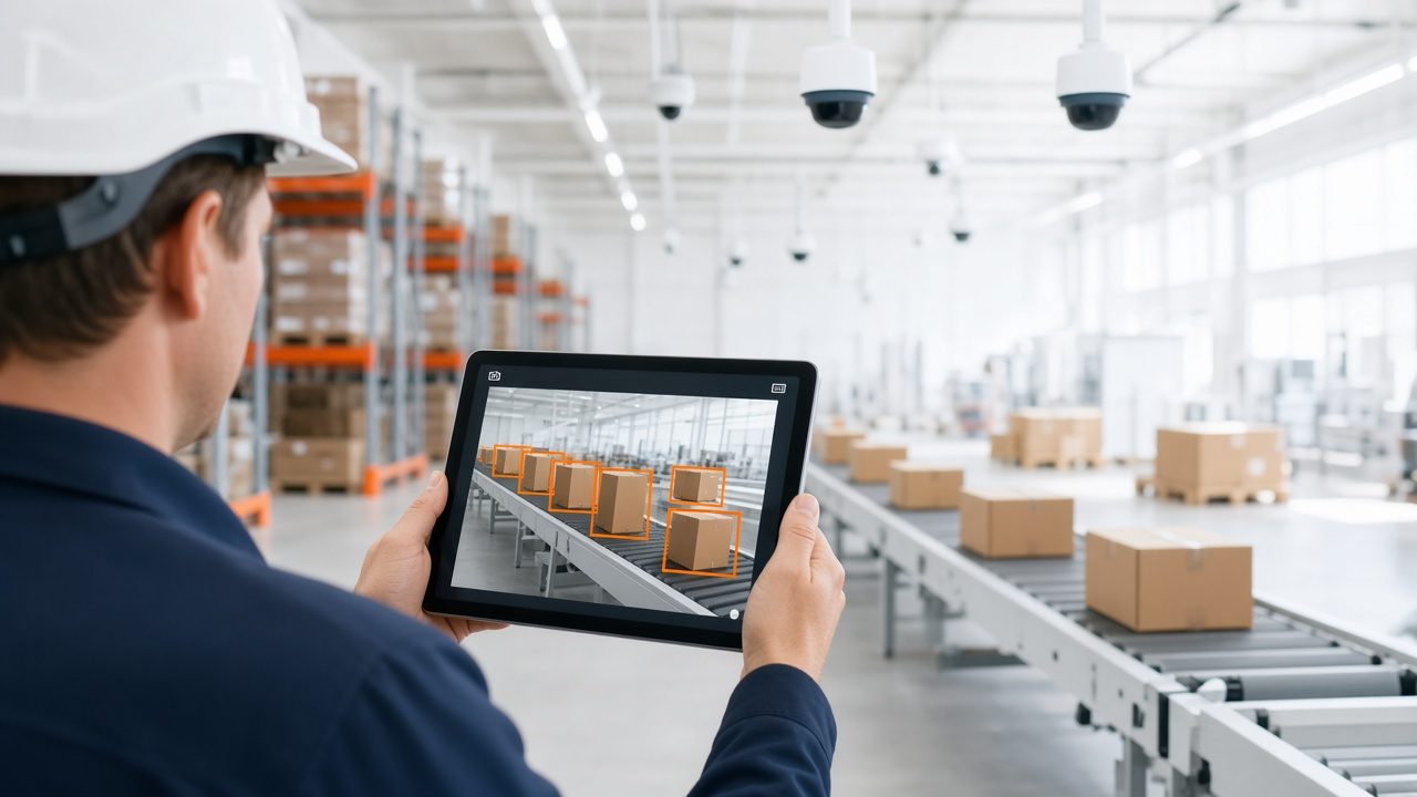 Warehouse worker holding a tablet showing orange detection frames around boxes on a conveyor