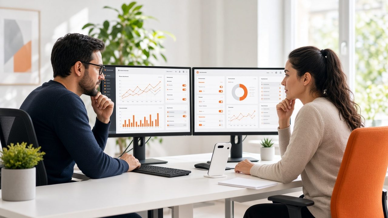 Two engineers reviewing an application dashboard on twin monitors beside a phone prototype