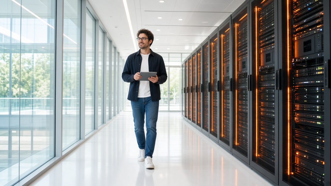 Engineer with a tablet walking beside server racks with orange accent lights