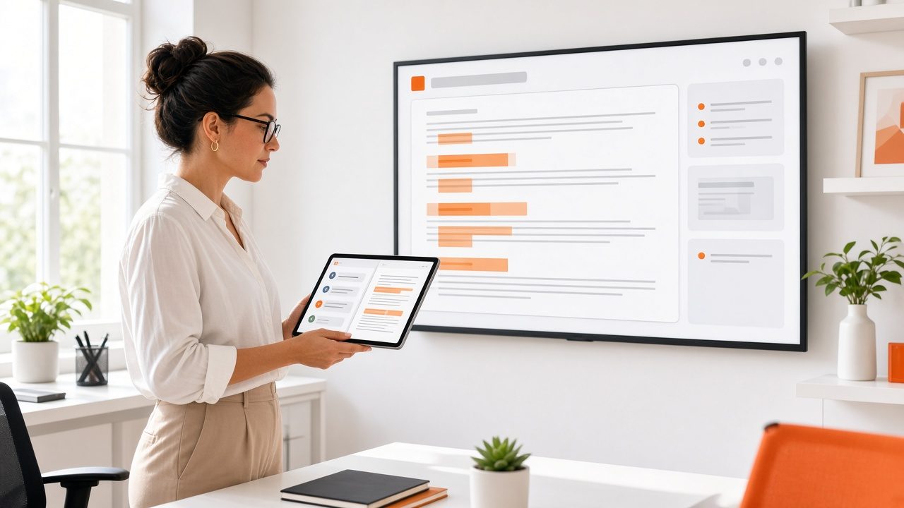Woman holding a tablet with an assistant panel beside a wall screen with a drafted document
