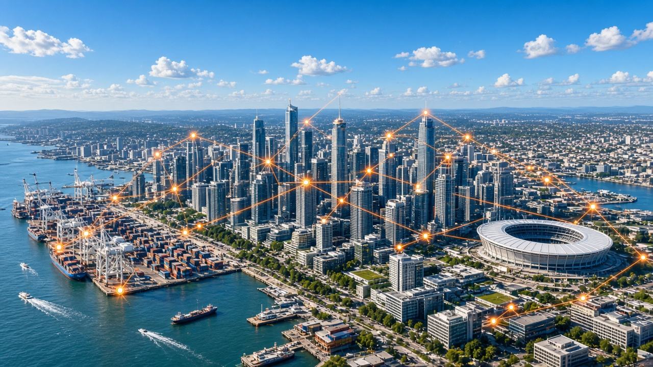 City skyline with harbor and stadium joined by glowing orange network lines