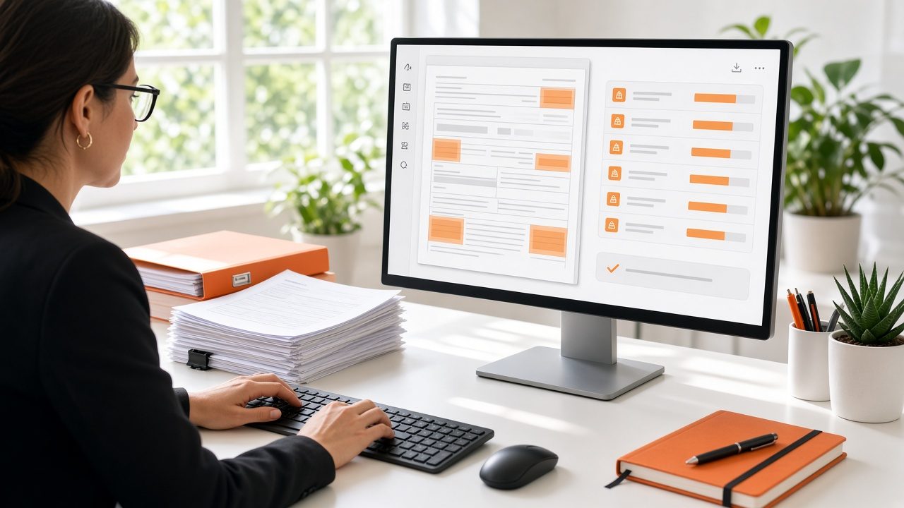 Professional beside a stack of forms, with a scanned page and extracted fields on a monitor