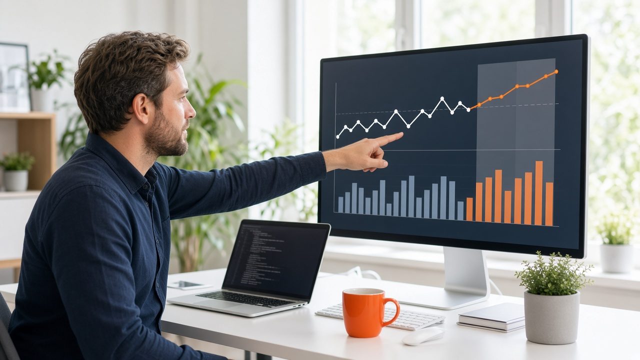 Analyst pointing at a forecast chart with an orange projection line and bar chart