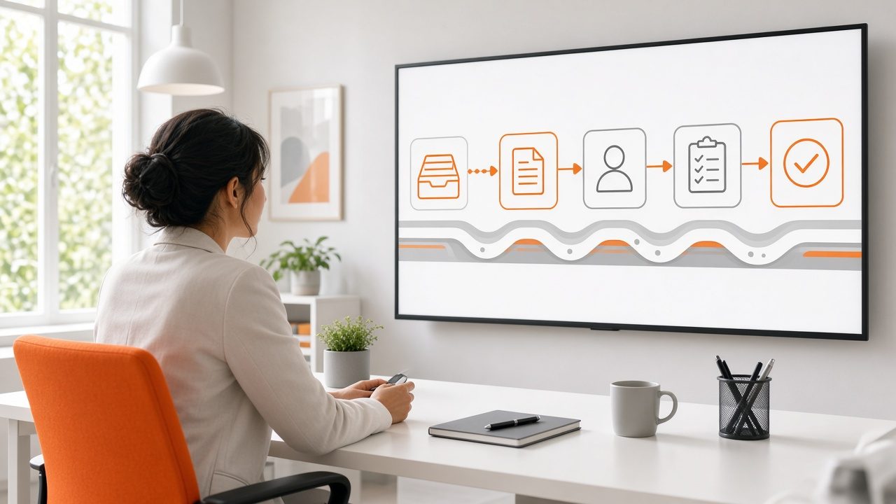 Office worker watching a workflow of cards move from inbox to approval on a wall screen