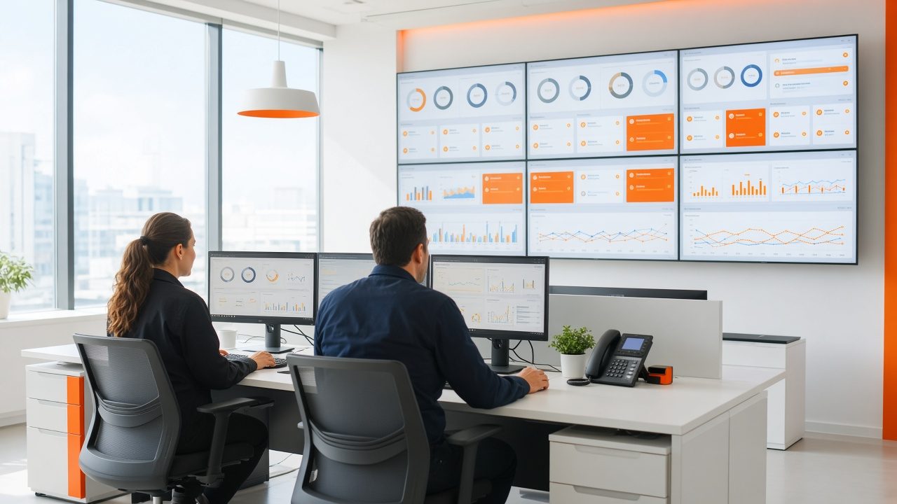 Two operators at desks facing a wall of monitoring dashboards