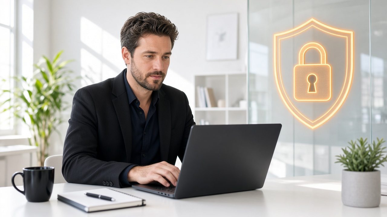 Security specialist at a laptop beside a glowing orange shield and padlock