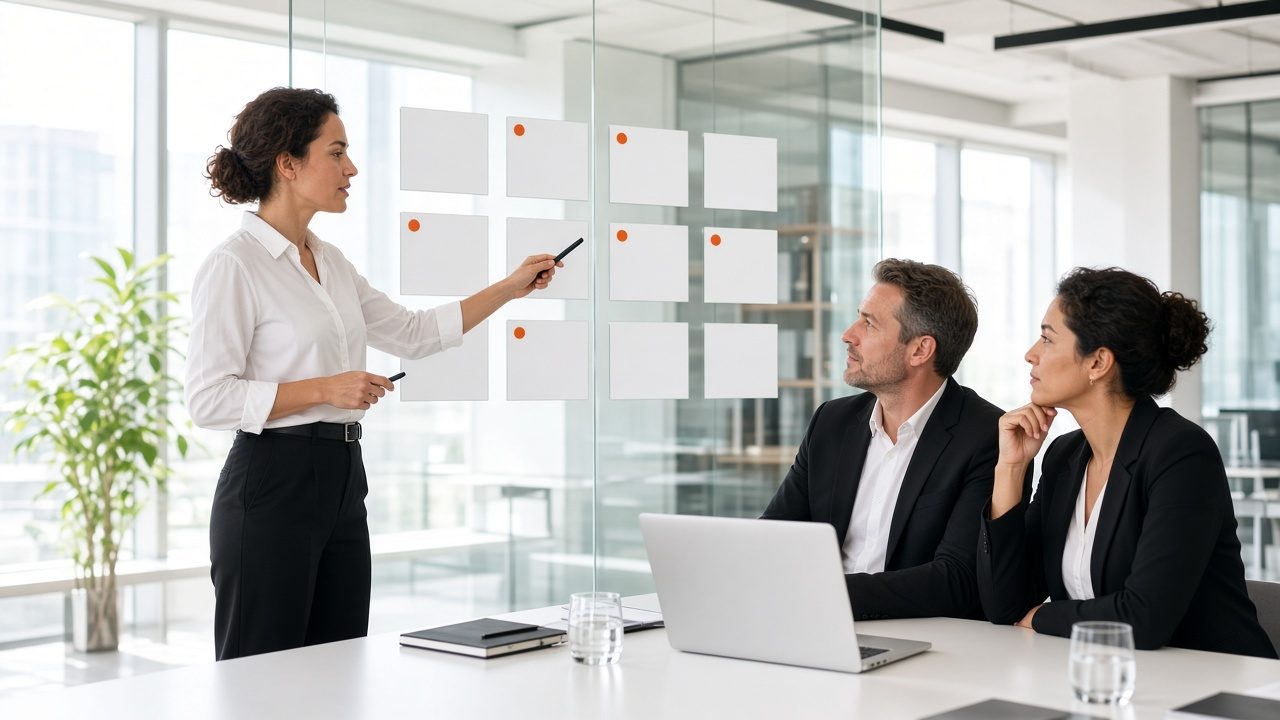 Consultant presenting a grid of prioritized idea cards to two executives
