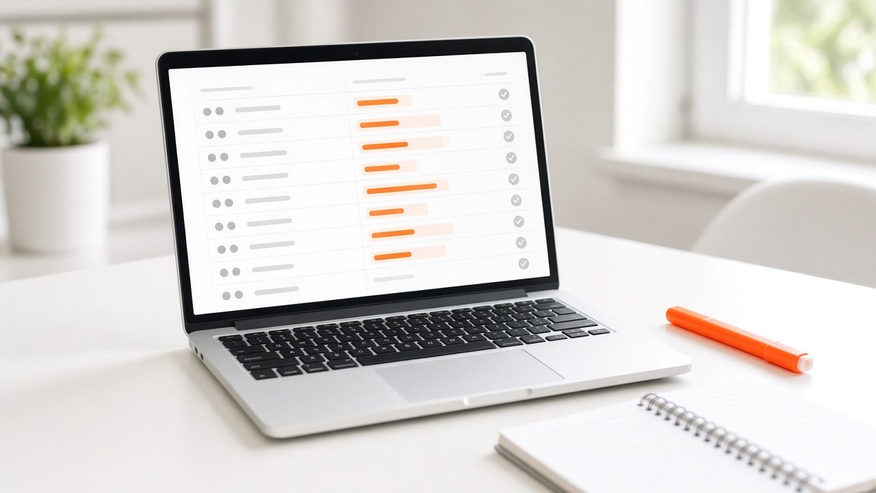 Laptop showing a term list with approval check marks beside an orange highlighter