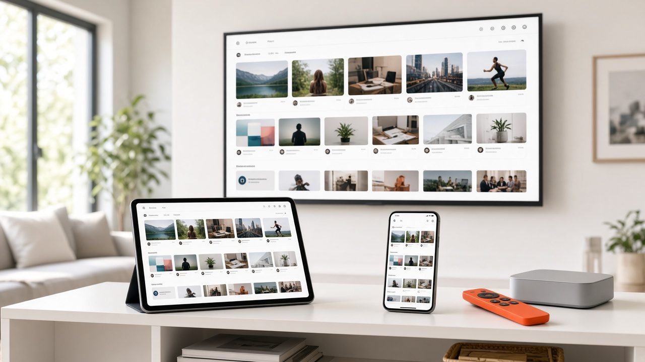 TV, tablet and phone showing the same video library with an orange remote