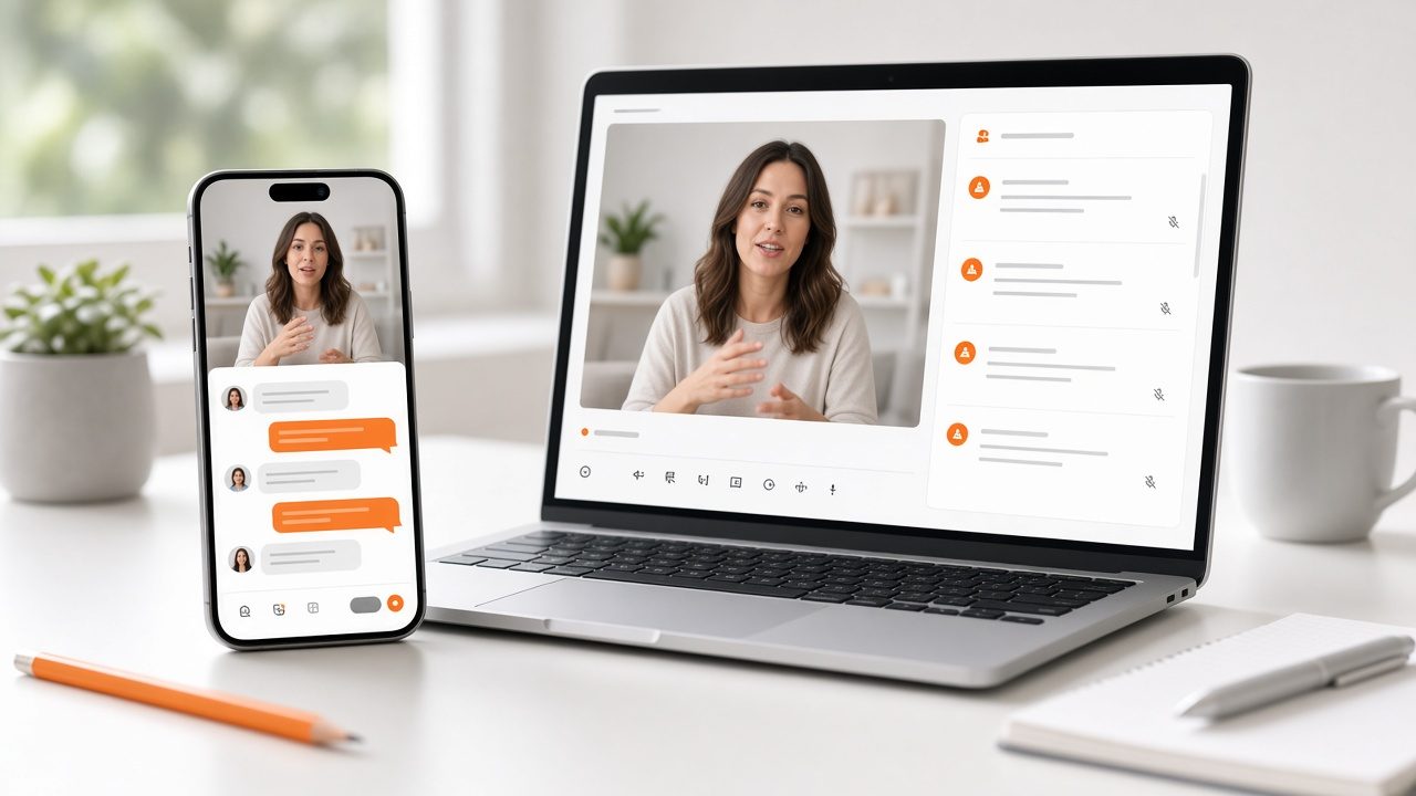 Phone and laptop showing a live video with a moderated chat and question list
