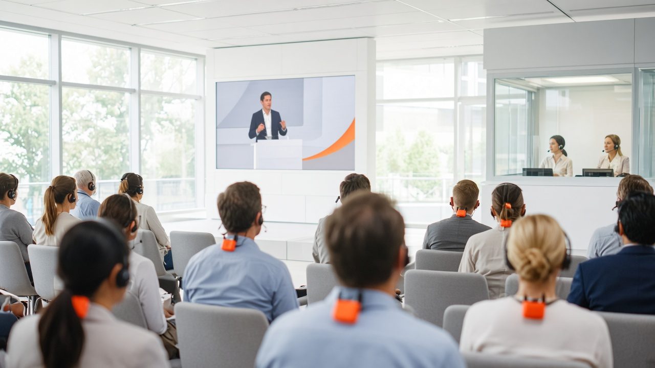 Attendees wearing headphone receivers in a bright conference hall with an interpreter booth